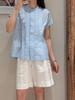 Camisa de Algodón y Lino Suchi Verano para Mujer Estilo Nacional Camisa de Alta Calidad Versátil para Ir al Trabajo Cuello Mao Slim Top Corto