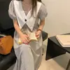 Actualización de Talla Vestido de Verano Chic Coreano a Cuadros Solapa Grande Manga Abullonada Ceñido a la Cintura Adelgazante Estilo Coreano Ropa para Mujer
