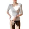 Camiseta de modal de color liso con doble cuello en U para mujer, corte entallado, base ajustada, estilo primavera-verano 2024, hombros descubiertos