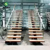 Foshan Shangbu Ladder Industry Personaliza Escadas com Guarda-Corpo de Vidro com Colunas de Aço Inoxidável e Corrimãos com Degraus de Madeira Maciça
