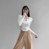 Camiseta de manga larga para mujer, estilo puro, adelgazante, de otoño, con cuello semiabierto, color liso, para chica sexy, top corto ajustado