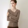 Malha Consinee 100% cashmere puro para mulheres, top canelado slim-fit com gola V para usar em camadas