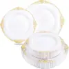 Vajilla Desechable con Patrón de Dragón, Platos Transparentes con Borde Dorado en Relieve, Copas de Vino, Cuchillos, Tenedores y Cucharas Hechos de Plástico Duro PS con Cubiertas de Papel Libres de Polvo Dorado