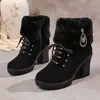Botas de Mujer con Plataforma y Tacón Grueso Transfronterizas Europeas y Americanas Decoración Otoño e Invierno Más Vendidas con Cordones Borde Deshilachado Botas de Mujer con Felpa al Por Mayor Tallas Grandes