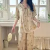 Mian Silk Family Novo Conjunto de Pijama Estilo Chinês Roupa de Casa Moda Novo Estilo Chinês Manga Curta Calça Longa Conjunto Fino Pode Ser Usado Fora