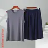 Conjunto de Calça de Cinco Pontos de Algodão e Seda com Colete Modal Masculino Verão Solto Tamanho Grande Roupa de Casa Pode Ser Usado Fora Conjunto de Duas Peças