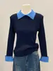 Top de punto chic estilo coreano con bloques de color y cuello polo para mujer, nuevo estilo Otoño 2026, corte ajustado favorecedor, capa base interior