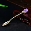 Cuchara de Cristal Amatista Natural, Cuchara de Postre de Cobre Creativa con Diseño Tallado Vintage Incrustado, Cucharilla para Juego de Té y Café