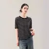 Fábrica Dalang Nueva Camiseta de Punto Tencel Calibre 16 Rayas Cuello Redondo Manga Corta Primavera Verano Delgado Top para Mujer Venta al por Mayor