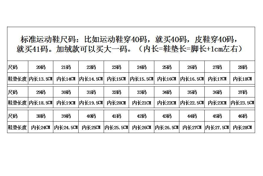 20-46码 标准鞋码表格