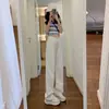 Calça jeans larga off-white para mulheres, estilo coreano, cintura alta, versátil, afina a silhueta, solta, corte reto, com caimento, pantalona para estudantes