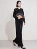 Terno plissado de veludo estilo influencer estilo chinês para mulheres com jaqueta cardigã abotoada e calça de perna larga com cintura elástica