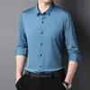 Venda Direta da Fábrica Camisas Masculinas de Manga Longa Sem Costura Cor Sólida Não Amassam Elásticas Gola Lapela Camisas Sociais para Jovens e Meia-Idade