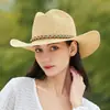 Chapéu de Aba Larga Transfronteiriço Chapéu de Cowboy Feminino Versátil Protetor Solar Palha de Papel Chapéu de Cowboy Ocidental Chapéu de Palha de Pescador Praia Protetor Solar de Verão