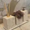 Amostras de Acessórios de Banheiro em Travertino Amarelo, Bandeja de Amostras, Sabonete Líquido para Mãos, Porta-Sabonete para Lavatório, Porta-Objetos, Frasco de Loção com Óleo Essencial