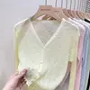 Cardigan de Tricô com Gola de Seda Gelada Proteção Solar Feminino Estilo Fino Verão Roupa Externa Branca Xale Camisa de Ar Condicionado Top Curto Jaqueta