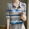 Primavera y verano nuevo suéter de alta calidad a rayas con combinación de colores, camiseta de mujer elegante de corte ajustado con cuello polo y manga corta, top fresco