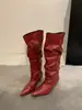 Botas altas de tacón de punta color café con tacón de cuña, botas altas plisadas apiladas vintage, botas altas largas hasta la rodilla de tacón alto, botas de montar para mujer