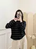 Nueva Llegada de Otoño Camiseta de Manga Larga a Rayas Retro para Mujer Ajuste Holgado Relajado Versátil Camiseta Casual Capa Base
