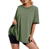 Camiseta holgada con abertura lateral y cuello redondo de algodón de color sólido con explosiones de estación independiente para mujer de verano transfronterizo de Europa y Estados Unidos 2024