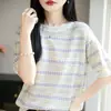 Nuevo Suéter de Punto Lyocell con Cuello Redondo de Manga Corta a Rayas para Mujer, Calado, Bloque de Color, Suéter Pulóver