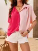 Camisa de Manga Curta Color Block Estilo Europeu e Americano Nova para Verão 2025 para Mulheres, Top Casual Soltinho com Lapela, Tendência de Moda Transfronteiriça