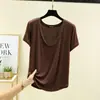 Camiseta simples de cor sólida com manga curta para mulheres, top fino de modal para o verão com decote U e manga curta, camisa básica versátil e solta plus size