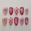 Unhas Vestíveis Laço Vermelho Rosa Doce e Fresco Manicure Olho de Gato com Strass Coração Vermelho Pontas de Unha Formato Amêndoa