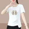2026 Nuevo Modelo Camiseta de Manga Corta para Mujer de Comercio Exterior, Corte Holgado, Tallas Grandes, Adelgazante, Cubre Vientre, Top Estampado de Media Manga