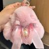Fofo Real Pelo de Coelho Rex Laço Pérola Coelho Chaveiro de Carro Pingente Boneca de Pelúcia Mochila Pingente