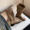 Versión de cuero suave~botas largas de pantorrilla ancha plisadas, botas por encima de la rodilla, botas largas de tacón grueso, botas de plataforma para mujer, botas de montar de caña alta