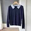 Tricô de gola pequena bicolor para mulheres, manga longa, fino, adequado para o trabalho, gola polo, blusa básica, top estiloso para o verão H072801