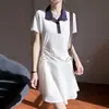 Vestido Blanco con Cuello Polo y Fruncido para Mujer, Vestido Coreano de Manga Corta Verano 2026, Vestido de Línea A Estilo Universitario