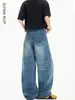 Jeans casuales retro americanos para hombre con dobladillo curvo, pantalones vaqueros rectos de pierna ancha holgados versátiles de moda para hombre