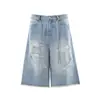 Nb363 Calle Principal Estilo Americano Gama Alta Unisex Streetwear Diseño Desgastado Pantalones Cortos de Mezclilla Sueltos para Hombre