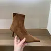 Botines de tacón alto, punta fina, gamuza, color caqui, corte ajustado, zapatos de mujer, nueva colección otoño/primavera 2025, botines cortos estilo coreano