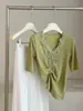 Top de punto versátil estilo coreano con retazos de encaje, cuello en V, manga corta para mujer, diseño francés de verano, elegante y entallado