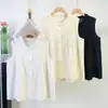 Roupas de Verão 2026, Bordado Jacquard Estilo Artístico, Cor Sólida Gola Alta, Blusa sem Manga de Renda, Top Branco Casual