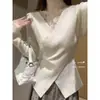 Elegante Top Base de Encaje con Cuello en V Cruzado para Mujer, Suéter de Manga Larga de Otoño e Invierno Ceñidor de Cintura Bm Hot Girl de Moda