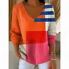 Estación Independiente Transfronteriza Europea y Americana Nueva Camiseta de Moda para Mujer Estampado 3D Color Degradado Cuello en V Manga Larga Top Verano Europeo y Americano