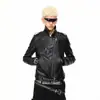 Estilo hip-hop, ligero, inspirado en la calle, doble cremallera, ajustable, cuero texturizado, rock and roll, estilo motociclista, chaqueta de cuero ajustada para hombre