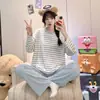 Pijama Nuevo de Manga Larga para Mujer Otoño 2026, Tela Elástica a Rayas, Similar al Algodón, Conjunto de Ropa de Casa Dulce de Niña con Cuello Redondo, Estilo Delgado