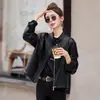 Chaqueta de Cuero Rojo Ankora Genuina de Gama Alta para Mujer Moda Coreana Otoño e Invierno 2025 Chaqueta Pequeña Versátil de Piel de Cabra Tendencia