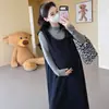 Ropa de Maternidad Otoño Invierno Chic Francés Vestido de Maternidad Holgado Top Chaleco de Longitud Media Conjunto de Dos Piezas
