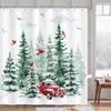 Cortina de chuveiro com padrão de combinação de cena de neve de Natal exclusiva transfronteiriça, carro vermelho, pinheiro, pássaro vermelho, montanha, não requer perfuração, vem com 12 ganchos