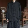 Camisa de manga larga jacquard con estampado oscuro estilo chino para primavera y otoño para hombre, con cuello retro de botones y diseño de traje Tang, prenda exterior holgada y casual
