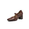Sin tamaño de tacón tamaño reembolsable textura llena de piel de vaca Mary Jane primavera 2025 tacón alto grueso punta cuadrada zapatos de cuero mujer