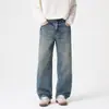 Jeans para hombre estilo americano, corte recto clanfit, estilo básico simple versátil de otoño e invierno, azul salpicado de tinta lavado vintage