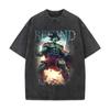 Camiseta de algodão puro estampada com injeção direta digital vintage pesada lavada verão solta casual moderna nova manga curta