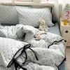 Conjunto de Roupa de Cama de Quatro Peças Estilo Coreano Classe A, Lençol de Cama de Algodão Puro Lavado com Bolinhas e Amarração, Capa de Edredom, Lençol de Elástico, Conjunto de Três Peças para Dormitório 3